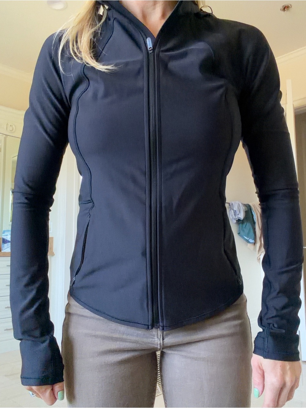 Athleta Black Lightweight Fitted Zip-Up Hooded Jacket
